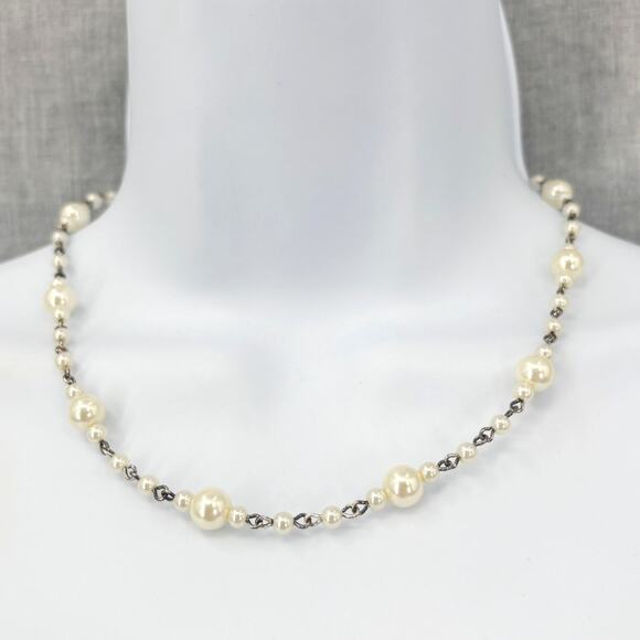 2028 Signed Silver Tone Faux Pearl Necklace – 16" Vintage-Inspired Beaded Chain - Picture 1 of 5